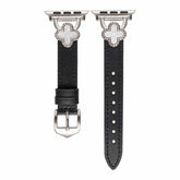 Four Leaf Clover Print Diamond-Studded Leather Watch Band